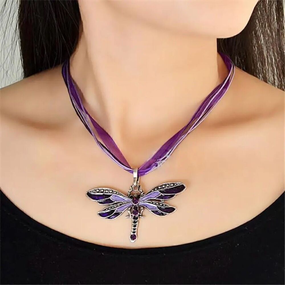 Crystal Dragonfly Ribbon Casual Pendant Purple Necklace - Picture 2 of 4